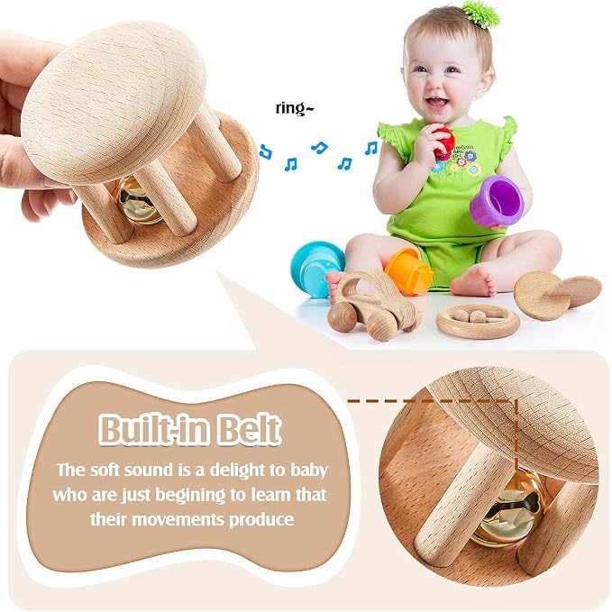 Zhanmai 5 Pcs Wooden Baby Toys Montessori Toys for 0-6-12 Months Sensory Baby Rattles with Bells Push Car Wooden Newborn Boys and Girls Gifts for Toddlers 1-3 Years Infant Grasping Sensory Development