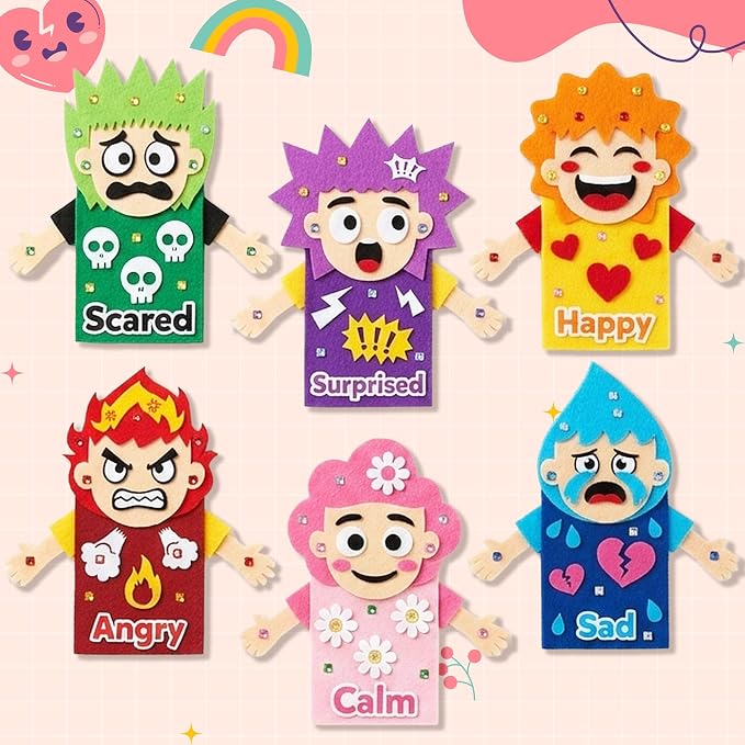 WATINC Hand Puppet Making Kit, Felt Sock Puppet Toys for Kids (Emotion) | 6 Styles, Make Your Own Storytelling & Role Play Crafts, Creative Group Activity, Party Favors & Gifts for Kids Ages 4-8