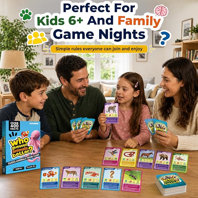 Quokka Who Guess It Better Animals Volume 1 – Educational Game with Visual Clues, Animal Discovery Card Set, 50 Cards, Screen-Free Travel Game for Kids Ages 6+