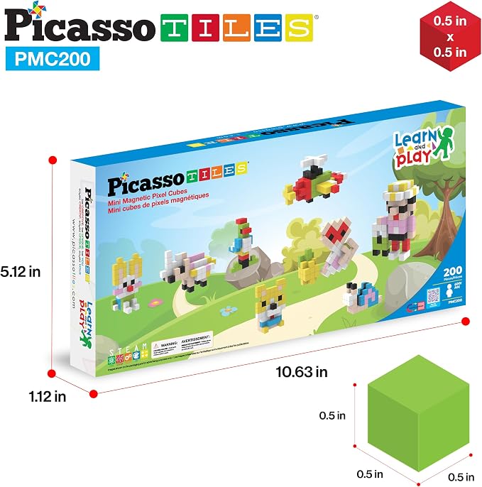 Picasso Cubes 0.5” Pixel Magnetic Puzzle Cube 200 Piece Mix & Match Sensory Toys STEAM Education Learning Building Block Magnets Children Construction Toy Set Stacking Magnet Creative Kit PMC200
