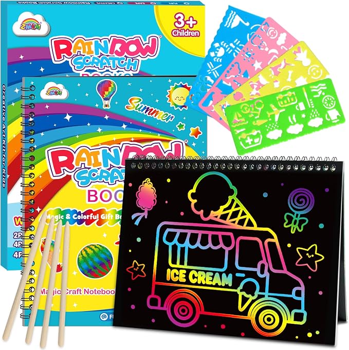 ZMLM Scratch Paper Art-Crafts Gift: 2 Pack Rainbow Notebooks Supplies Toys | Art Crafts for 3 4 5 6 7 8 9 10 11 12 Years Old Girls and Boys Kids Birthday Christmas Party Travel Games Activities Summer