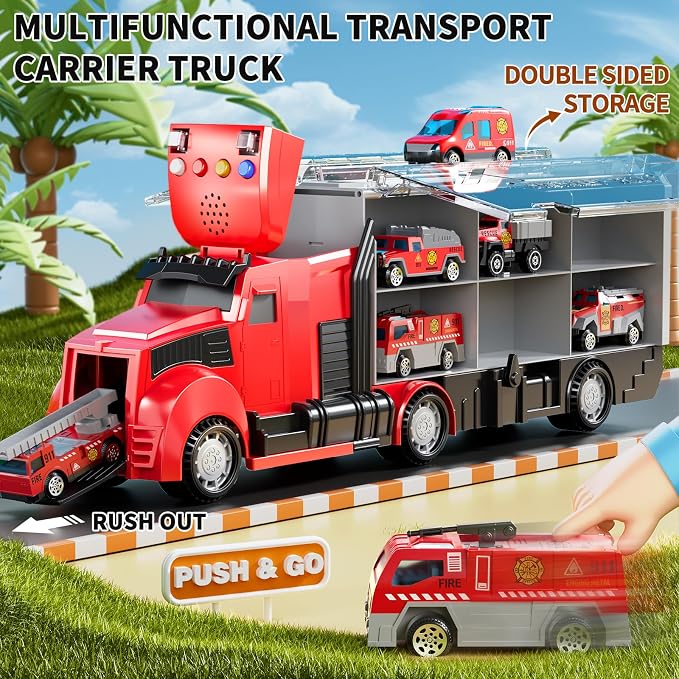 NIPLOOOW Fire Trucks Toy Set with Play Mat, Carrier Truck Play Vehicles Set for 3 4 5 6 Years Old Boys Kids, Die-Cast Car Toy for Toddlers 3-4 Years, Birthday Gifts Toys for 3-9 Year Old Boys