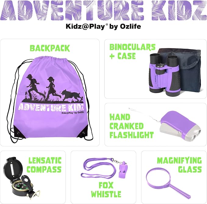 Purple Adventure Kidz Outdoor Exploration Kit | Children's Binoculars with Case, Flashlight, Compass, Fox Whistle, Magnifying Glass, Backpack