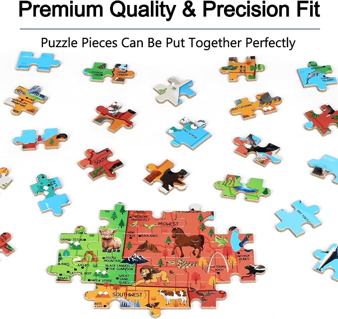 LELEMON United States Puzzles for Kids Ages 4-8,100 Pieces USA Fun America Animal Map Learning Educational Toys for Boys Girls