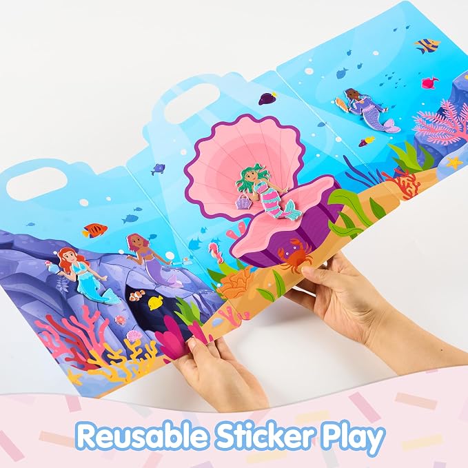 JOYIN 3-Pack Dress-Up Reusable Sticker Book for Toddlers, 3D Sticker Book for Kids 3 4 5, Travel Essentials, Airplane Activity Toys, Crafts Gifts, Birthday Gifts - Fashion, Mermaid, Princess