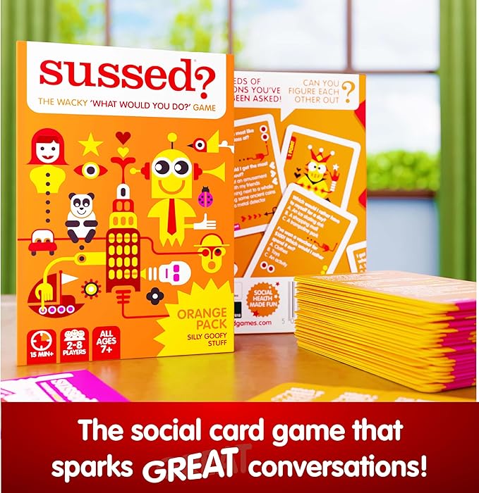 SUSSED The Wacky ‘What Would You Do’ Social Card Game - Simple Fun for Kids, Teens and Adults - Easy Family Travel Game for Road Trips - Ages 7 and Up - Orange Deck