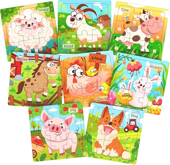 Zeoddler Wooden Puzzles for Toddlers, 8 Pack Farm Animal Jigsaw Puzzles for Kids3-5, 9 Pieces Preschool Learning Activities, Learning & Educational Toys, Gift for Boys, Girls