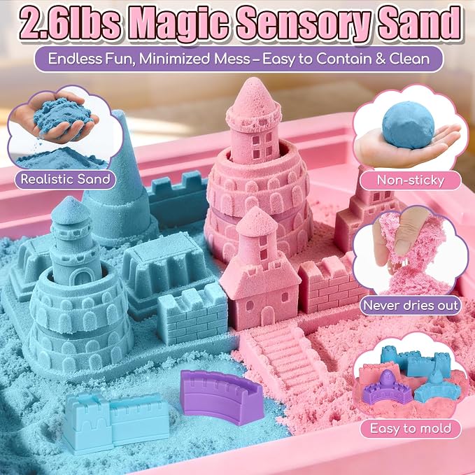 Lehoo Castle Unicorn Sensory Table with Sand 2.6Lbs, Sand Table with Lid | Sensory Activity Table with Adjustable Legs, Red & Blue Play Sand, Indoor & Outdoor Use, Preschool Learning Gifts for Toddler