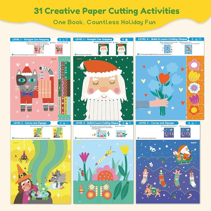JoyCat Scissor Skills Activity Kit, Toddler Scissors Ages 3-5, Holiday | Preschool workbook with 34 holiday activities, scissors for kids and glue for festive toddler crafts across 4 skill levels.