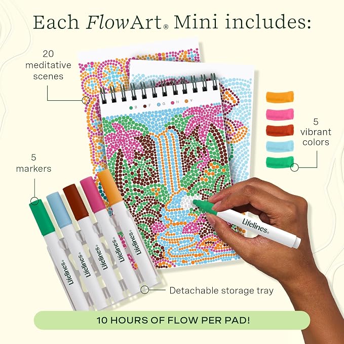 Lifelines FlowArt Mini Activity Pads, 3-Pack, Dot-by-Letter Coloring Books | 15 Markers & 60 Scenes - Guided Art Meditations for Tweens, Adults & Seniors - Dot-by-Letter - Patent-Pending