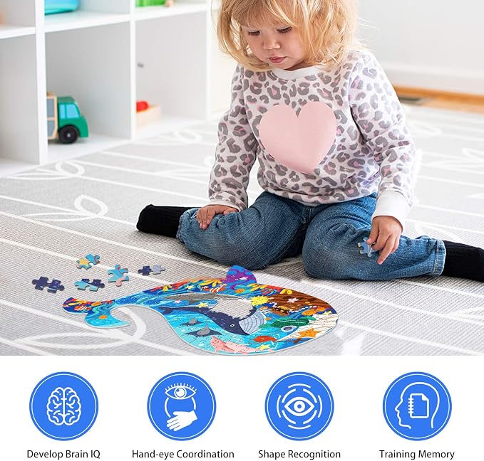 Jigsaw Puzzles for Kids Ages 4-8, 108 Pcs Whale Shaped Cardboard Puzzles | Sturdy Floor Puzzles Box and Poster for Animal Lovers, Educational Toys Gift for Boys Girls, 23.38 x 14.72 Inch