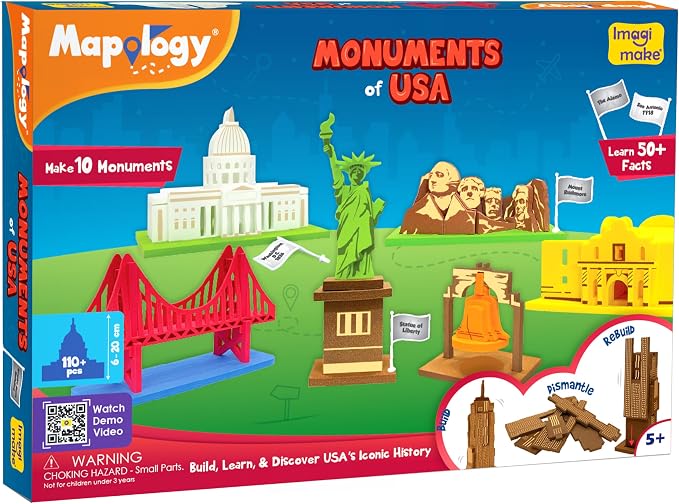 Imagimake Mapology - Monuments of USA, Build 10 3D Famous Landmarks | Educational 3D Puzzle, Learn Geography & 50+ Facts, Back to School Gift for Boys & Girls Ages 5,6,7,8,9,10,11,12 Years Old