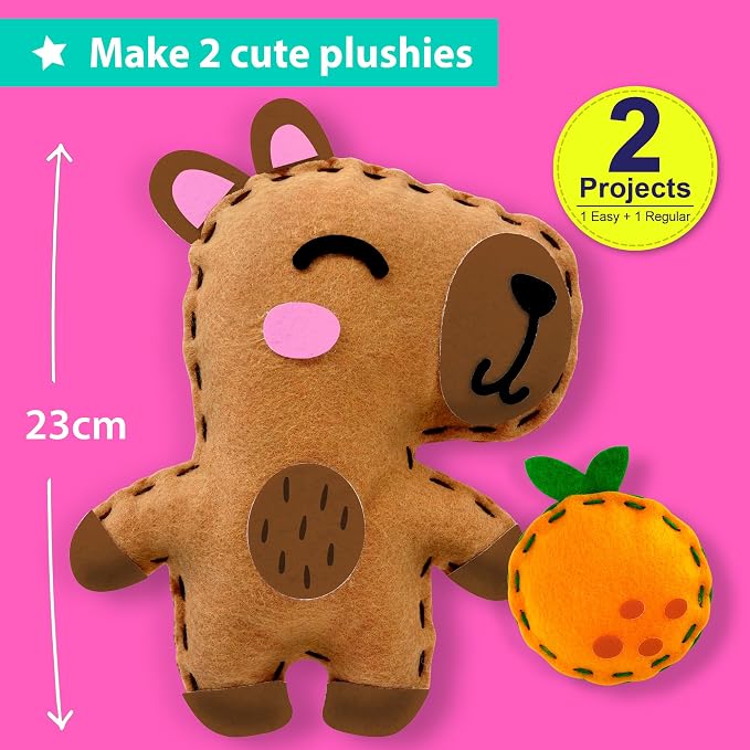 KRAFUN Beginner Sewing Kit, Sew Capybara & Orange, Pre-Cut Felt, Ages 5+ | Beginner Sewing Kit: Sew 2 Plushies, Capybara & Orange. Pre-Cut, Pre-Punched Felt, No Scissors. Safe Plastic Needle for Kids