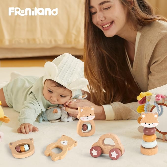 FReniland Wooden Montessori Toys, 5-Piece Wooden Baby Toys, Bear Baby Rattle, Fox Stacking Ring, Car Push and Pull Toys, Bear Grasping Toys,Newborn Baby Gift Sets for Boys and Girls