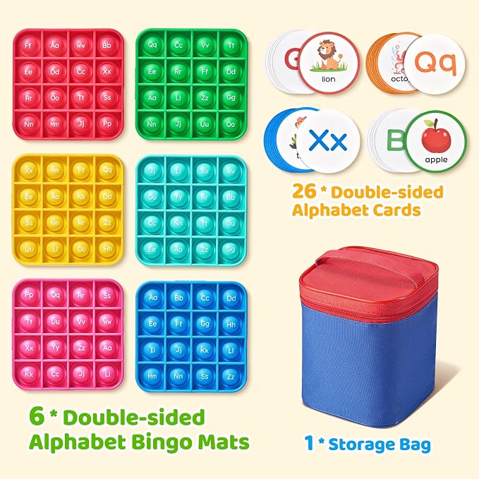 JoyCat Alphabet Bingo Game, 6 Silicone Boards & 26 Cards, Ages 3-5 | Reusable silicone boards suit preschool small groups, classroom centers, homeschool and travel play.