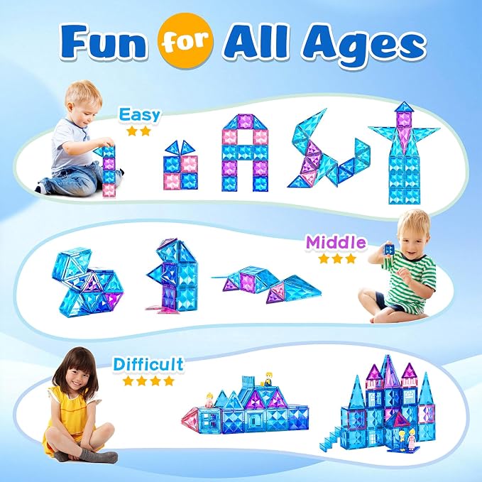BENOKER Castle Magnetic Tiles STEM 3D Building Blocks Gift for Boys & Girls | Safe ABS plastic with strong magnets. Smooth edges for little hands. 3D castle-building fun. Boosts creativity & motor skills