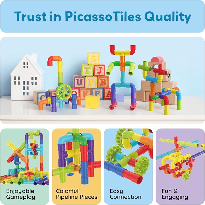 PicassoTiles Pipe Tube Construction Building Toys Stacking Toy Puzzle Game for Early Learning Montessori Playset Educational Connector Blocks Brain Development Kit Ages 3+ Toddler Boys & Girls PTT137