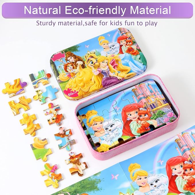 MZZOTOY Princess Puzzles for Kids Ages 4-8, 60 Pieces for Kids Ages 3-5 Princess Puzzle for Girls and Boys Toys Jigsaw Puzzles in a Metal Box Educational Puzzles (Princess)