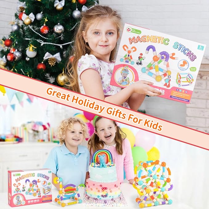 58PCS Extendable Magnetic Building Sticks STEM Montessori Toy Set Ages 3-7 | Non-toxic ABS Sealed Magnets. Extendable Bendable Sticks & Balls 3D Construction. Parent-Child Play Parties School Kids Gift