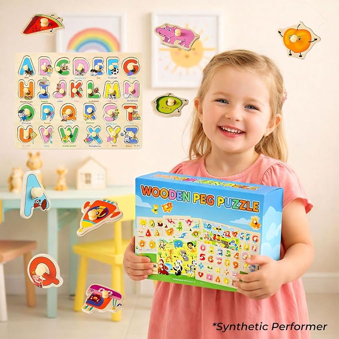 Wooden Peg Puzzles for Toddlers 1-3 – 6 Pack Toddler Puzzles, Preschool Educational Learning Puzzle Toys for Kids, Alphabet, Number, Shapes, Christmas Birthday Gifts for Boys, Girls