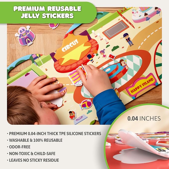 Premium Reusable Jelly Sticker Book Set for Toddlers & Kids – Dinosaur, Space & Vehicles 3-Pack Collection | Washable Silicone Stickers | Screen-Free Travel Activity | Mess-Free Toy
