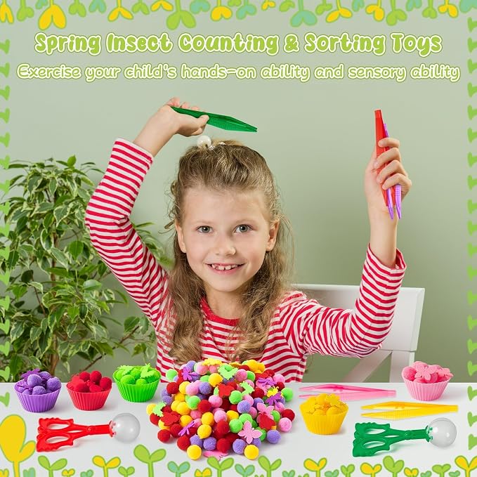 EZdhuawuse Summer Insects Sensory Bin Fillers Toys - Summer Party Gift 268Pcs Color Counting Sorting Fine Motor Toys Set for Kids, Felt Dragonfly Butterfly Pom Poms Cups Clips for Preschool Education