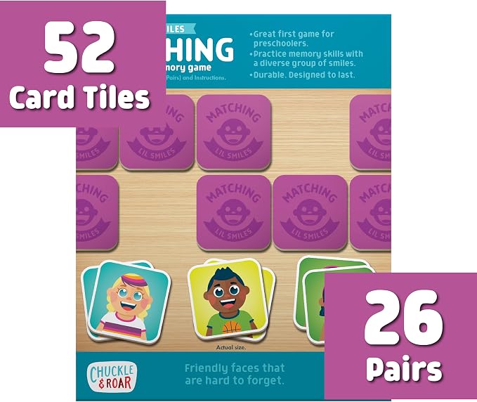 Chuckle & Roar Lil Smiles Matching Memory Game – Preschool Concentration Board Game with Friendly Faces, 3 Themed Decks (at Home, Outside, On-The-Go), 180 Cards, 2–6 Players, Ages 6+