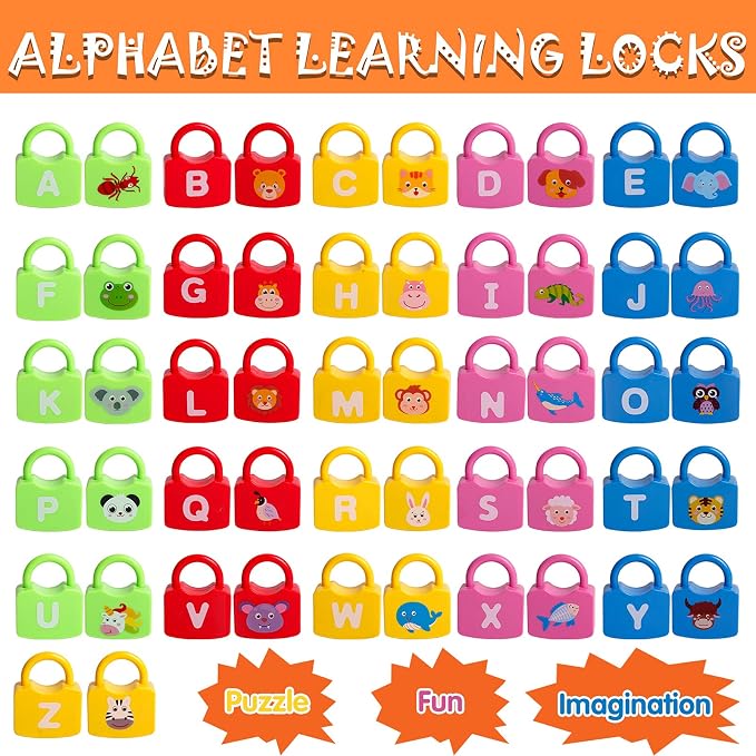 Dinhon Color Alphabet Learning Lock Toys Educational Letter Combination-with 26 Locks, 26 Keys Montessori Preschool Alphabet Learning Game for Ages 3 yrs+