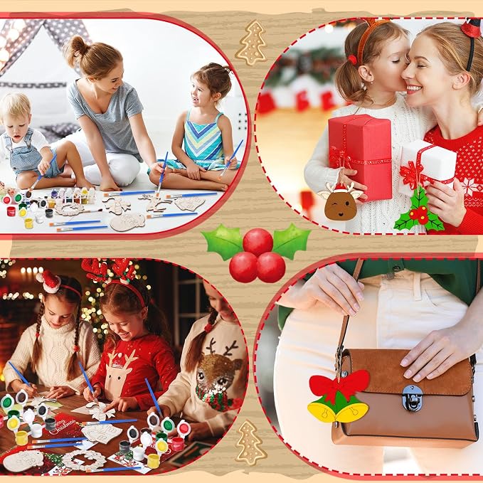 Saypacck 24 Pcs Christmas Party Favors Wooden Paint Craft Kits | DIY Painting Crafts with Brush Organza Bags, Christmas Stocking Stuffer Gifts, Festive Ornament Shapes