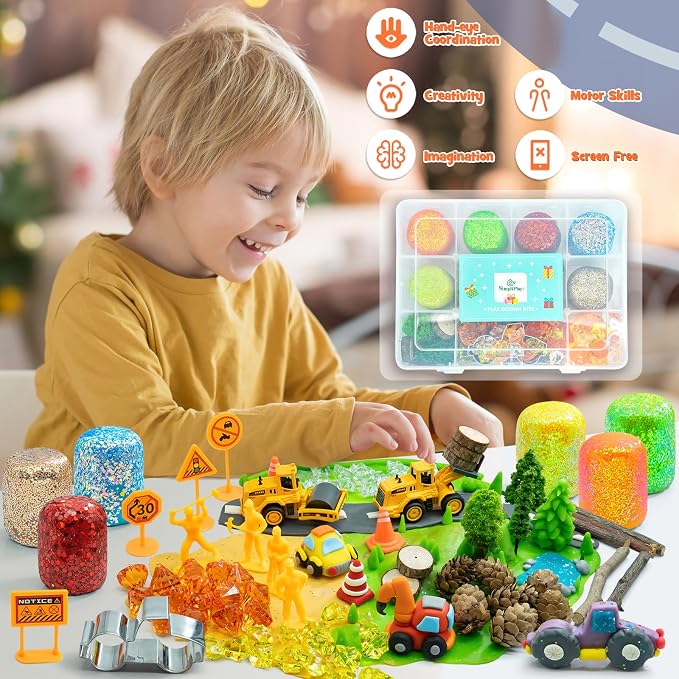 SIMPLIPLAY Construction Sensory Kit with 6 PCS 18oz Glitter Doughs | Color Dough Set & Accessories(About 80pcs), Construction Boy Sensory Kit with Toy Trucks for Kids Toddlers Creative Gift
