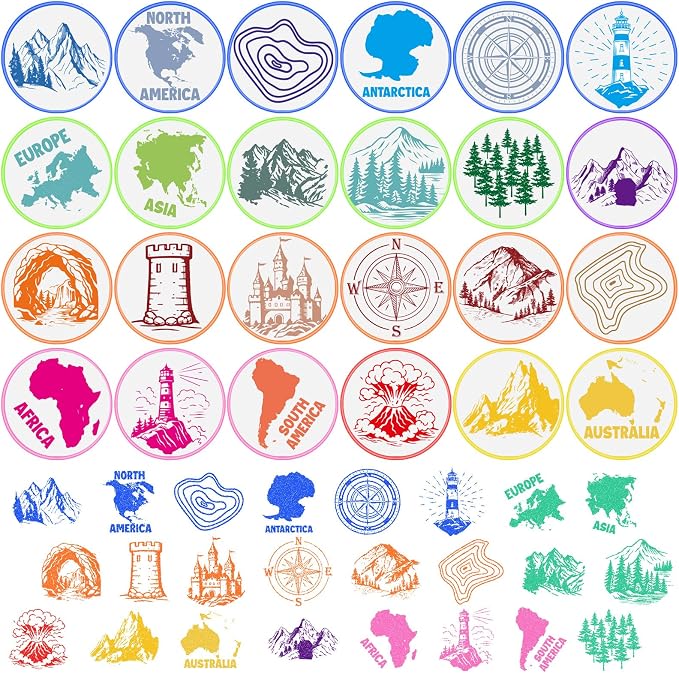Cinrobiye 24 Pcs Geography Adventure Stampers Party Favor Set, Cute World Map Stamps for Kids Birthday Party, Classroom Rewards, Educational Learning Toys, Goody Bag Fillers, Themed Party Supplies