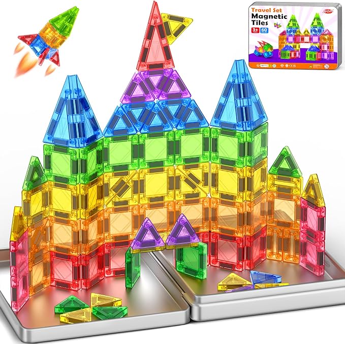 NVHH 60PCS Mini Magnetic Tiles Travel for Kids Ages 3-5 4-8 with Iron Box | Magnet Building Kids Toys for 3 4 5 6 7 8 Year Old Boy Girl Toddler Creativity Construction Sensory Christmas Birthday Gifts