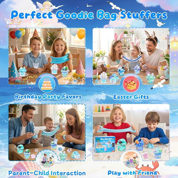 12-Pack Blue Slime Kit for Kids, Clear Butter Cloud Squishy Party Favor Set | Goodie bag stuffers, Easter basket fillers, birthday party favors and sensory slime toys for boys and girls ages 4-10