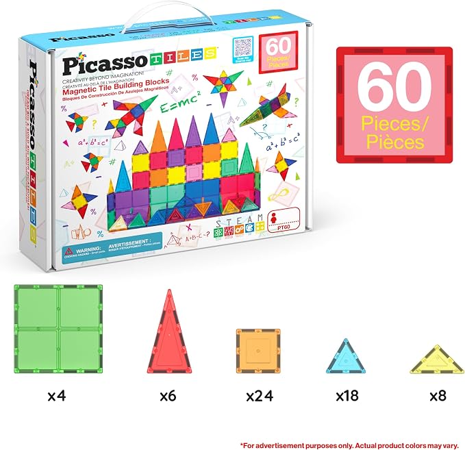 PicassoTiles 60 Piece Magnetic Tiles Clear 3D Building Blocks STEM Ages 3+ | Montessori sensory learning, easy small-hand grip, multiplayer group play fun, preschool classroom gifting, smooth safe edges