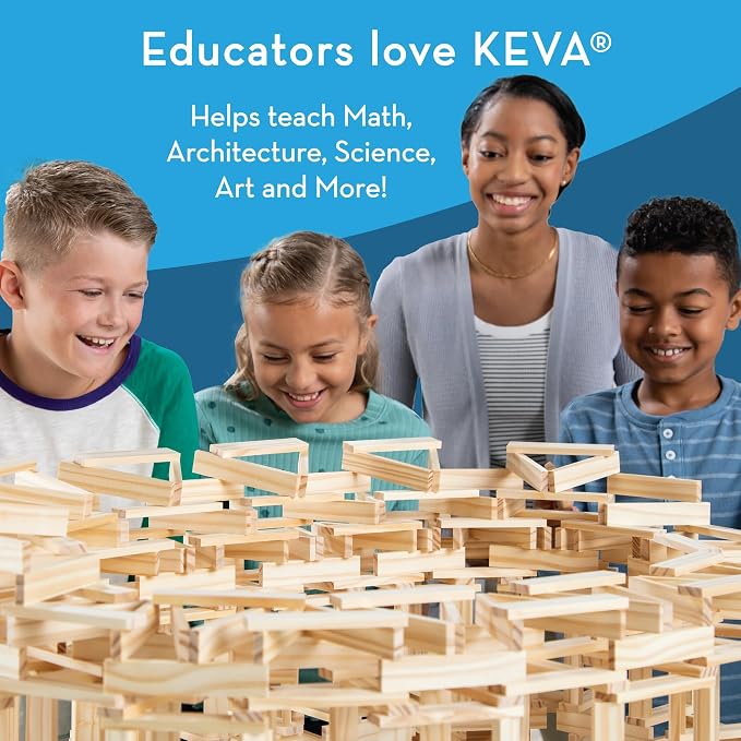 MindWare KEVA Structures 600 Plank Wooden Building Blocks Set, Includes 600 Pine KEVA Planks, 30 Idea Cards and Collapsible Storage Bin