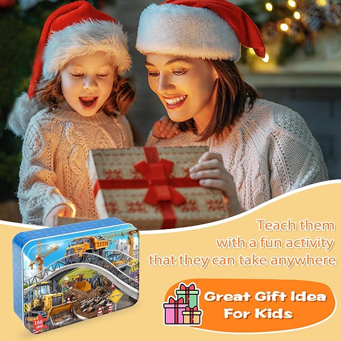 LELEMON Puzzles for Kids Ages 4-6,Construction Site 100 Piece Puzzles for Kids Ages 4-8 in a Metal Box,Educational Jigsaw Puzzles 100 Piece Puzzle Games Puzzle Toys for Girls and Boys