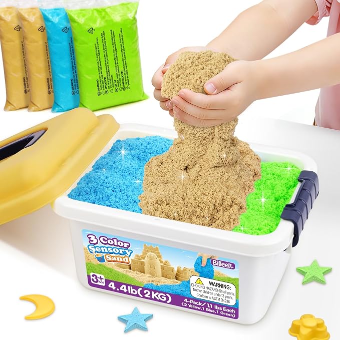 Billeeit. 4.4 lbs Play Sand w/Storage Sand Box for Kids 3+ | 4-Pack(2 Yellow, 1 Blue, 1 Green) Self-Sticking Sensory Sand with Storage Box for Shaping Molding Sensory Bin Refill