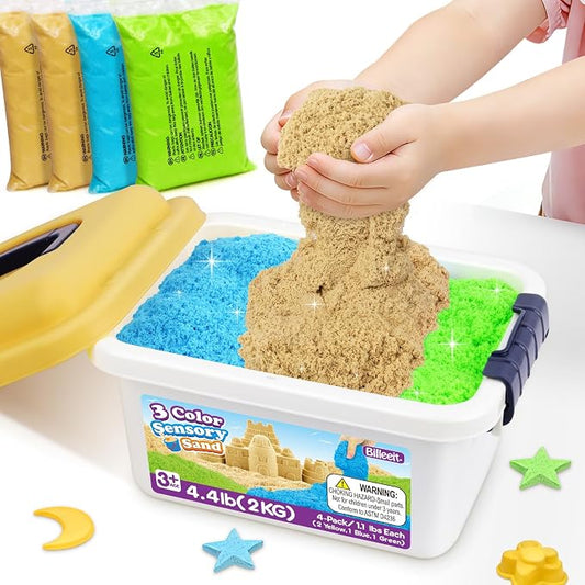 Billeeit. 4.4 lbs Play Sand w/Storage Sand Box for Kids 3+ | 4-Pack(2 Yellow, 1 Blue, 1 Green) Self-Sticking Sensory Sand with Storage Box for Shaping Molding Sensory Bin Refill