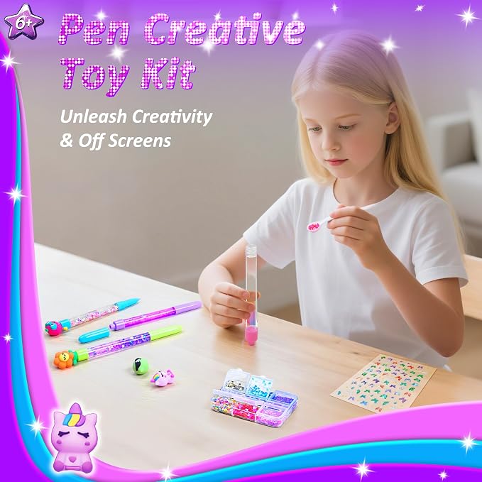 MOMUSE DIY Pen Making Kit for Kids Girls 6-12, Pen Creator Studio Craft Kit | Make 4 Sparkly Pens with Butterfly Stickers Sequins Beads, Girl Birthday Gifts