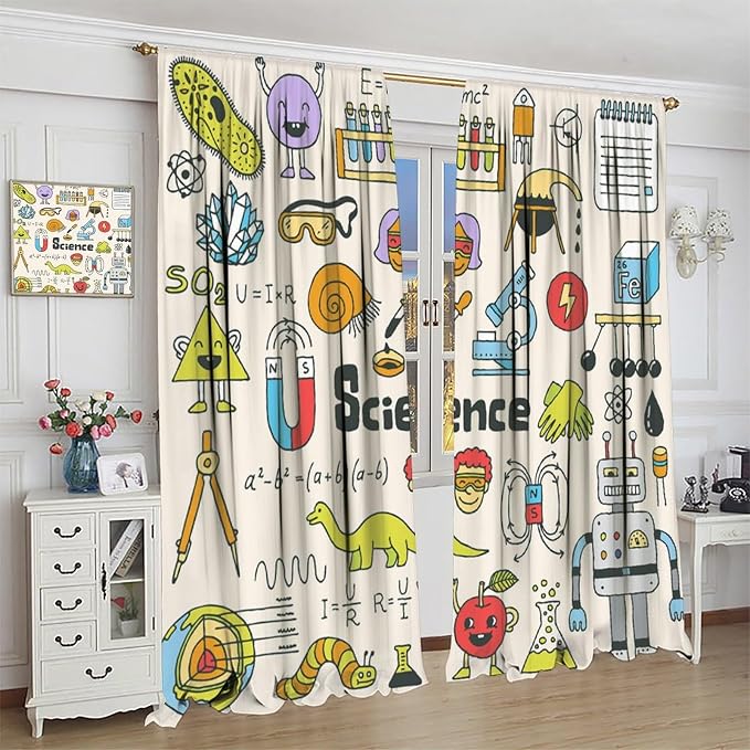 Cartoon Science Bedroom Curtains, Chemistry Science Pharmacy Research Blackout Rod Pocket Window Drapes for Childs Girls Boys Bedroom Living Room Home Set 2 Panels,52x84 Inches
