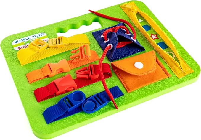Buckle Toys, Busy Board, Green, Montessori Learning Toy for Toddlers | Great for kids as an Airplane Activity or on The Go, Foam Sensory Board, Develop Fine Motor Skills