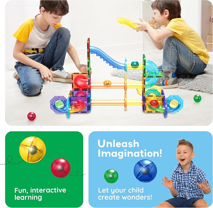 PicassoTiles Magnetic Marble Run Add-On Expansion Pack for Magnet Tile Building Blocks Maze Construction Toy Kit Educational STEM Learning Enhances Creativity Imagination Children Ages 3+ PTG01