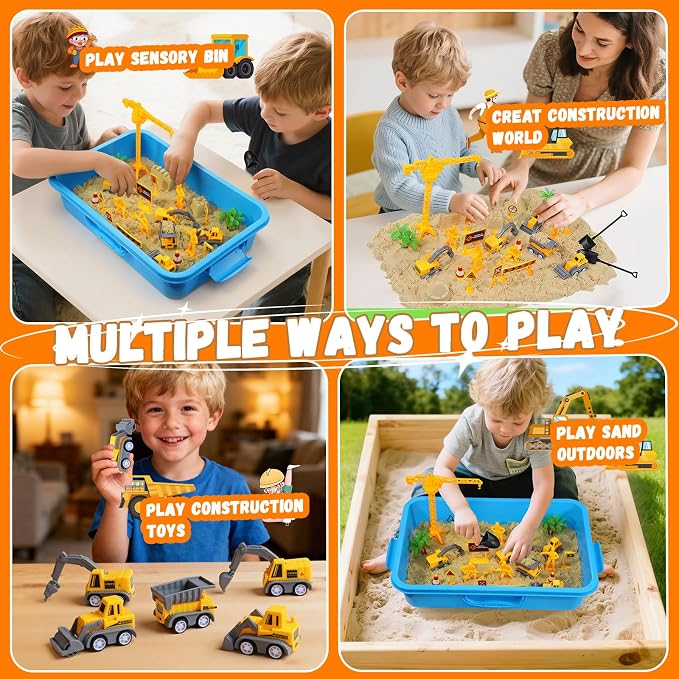 Construction Sensory Sand Kit, Complete Sensory Bin with Lid | 2.64lbs Magic Sand, Construction Tools, STEM Montessori Construction Sensory Toys for Kids 3-8, Boy Christmas Birthday Gifts
