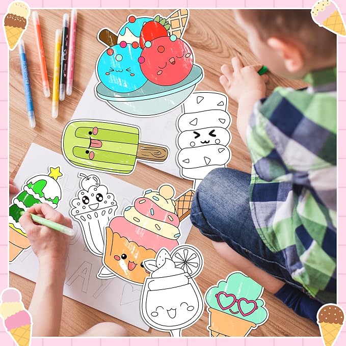 30Pcs Summer Ice Cream Coloring Magnets Arts Crafts Kits for Kids | Ice Cream Blank DIY Coloring Magnets for Summer Holiday Party Fridge Whiteboard School Classroom Activities Decors