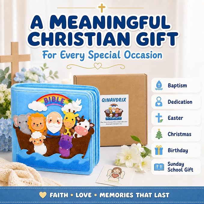 Bible Quiet Book, Felt Busy Book for Toddlers 1-3, Baptism Gifts | 7 Bible stories, Noah's Ark, Montessori toys, sensory play, soft felt pages, church toy, toddler travel toy, christening gift