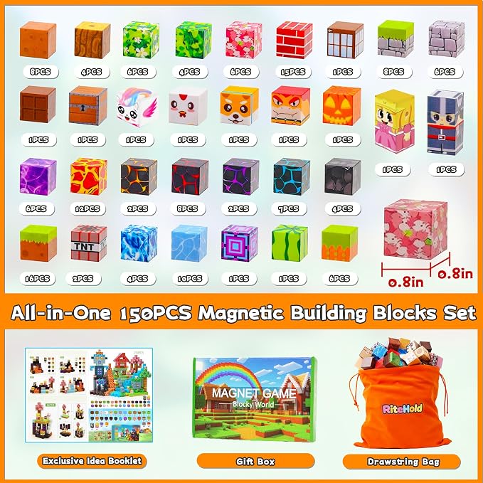 150PCS Magnetic Building Blocks for Kids Ages 3-8, 0.8in STEM Magnetic Cubes, Montessori Construction Toys for Boys Girls, Creative Educational Building Set, Birthday