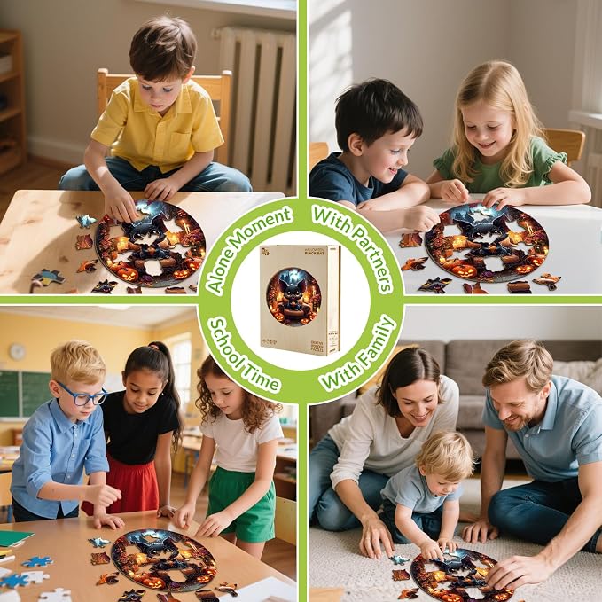 Holiday Wooden Puzzles for Kids - Halloween Black Bat | 50 Piece Puzzles for Kids Ages 4-6 - Kids Puzzle with Unique Animal Shapes - Round Puzzles for Boys and Girls (11.4 * 11.4in)