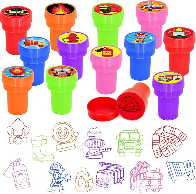 Cinrobiye 24 Pcs Fire Truck Stampers Party Favor Set, Cute Firefighter Truck Stamps for Kids Birthday Party, Classroom Rewards, Carnival Prizes, Goody Bag Fillers, Fire Safety Party Supplies