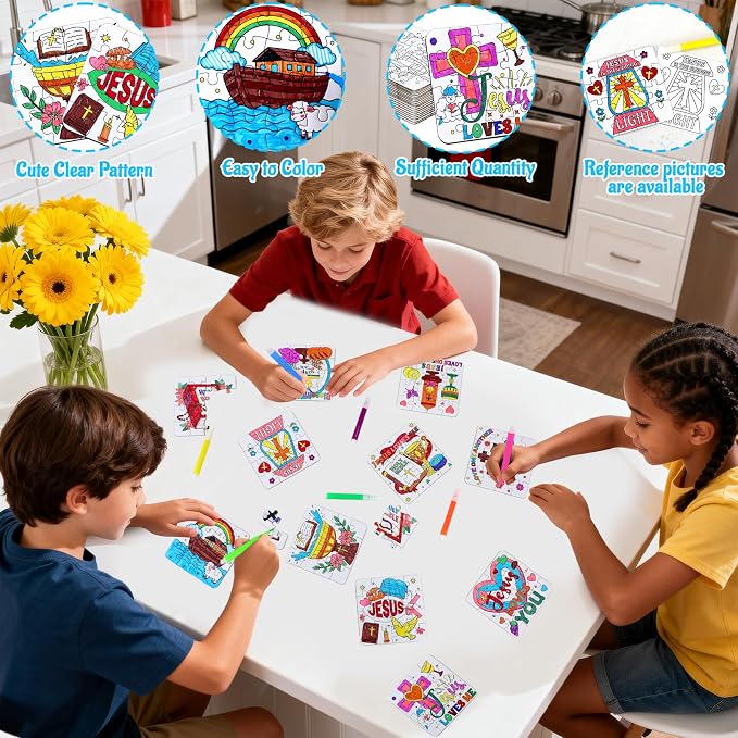 24 Sets Sunday School Crafts for Kids Ages 4-8, Christian VBS Craft Puzzle Jesus Cross Bible, Religious Arts Gifts for Classroom DIY Activity, Back to School Party Favors, Coloring Game Bulk Supplies