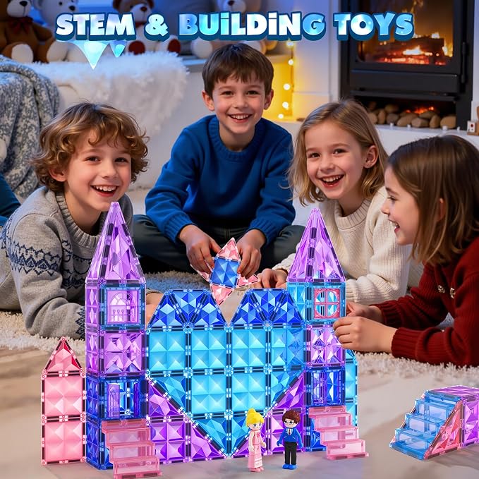 Magnetic Tiles 102pcs with 2 Stairs 2 Dolls Princess Castle Building Toys | Girls Toys Age 4-5 6-8 Magnetic Blocks Birthday Xmas Gifts Girls Toys for 3 4 5 6 7 8+ Year Old